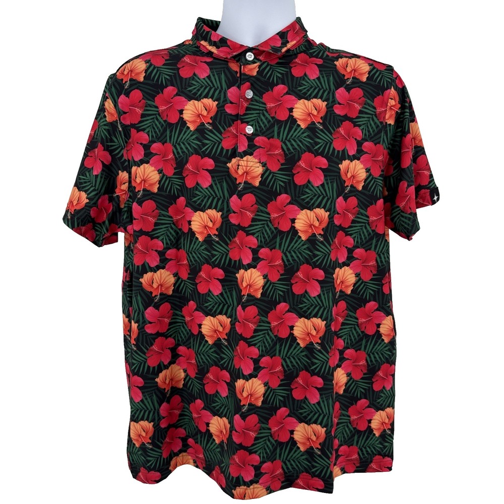 Destiny Golf Polo Men's L Red‎ Hibiscus Black Tropical Performance